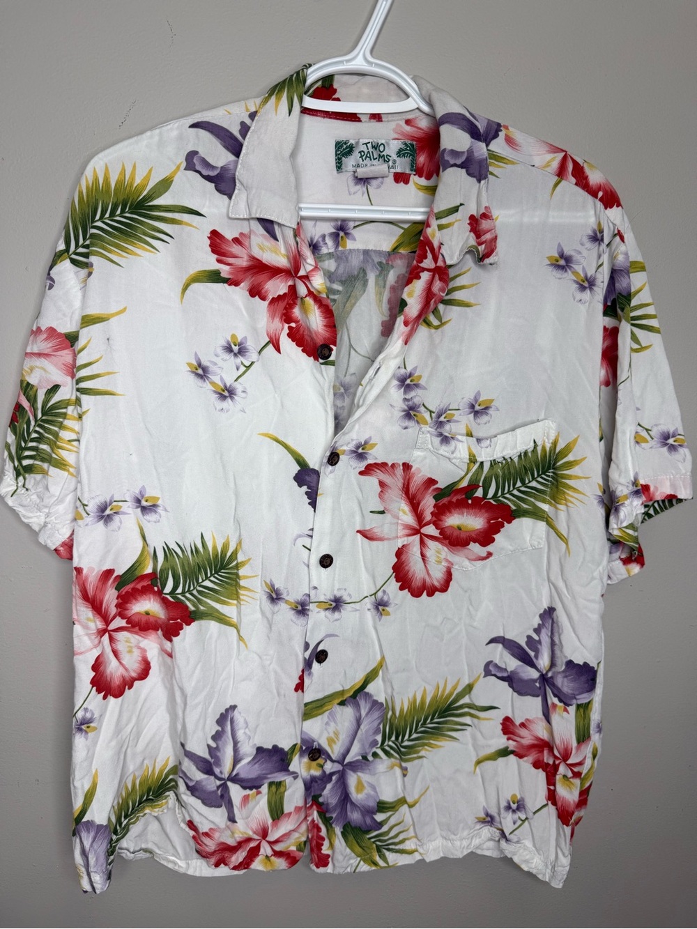 Two Palms White Floral Short-Sleeve Hawaiian Shirt Large - Made in Hawaii